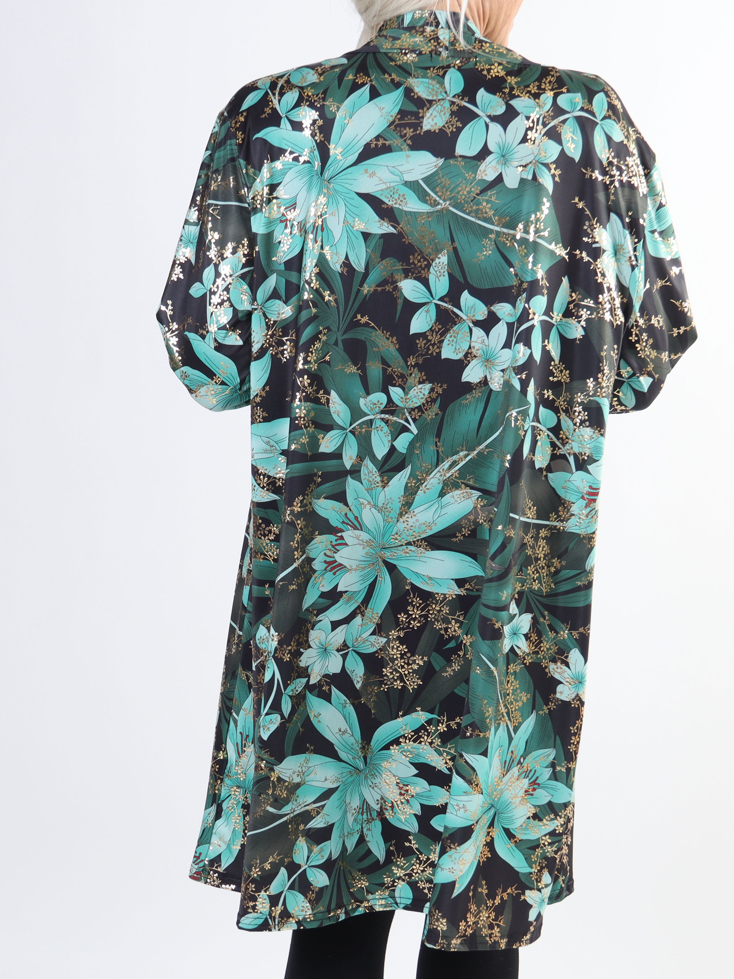Rosa Gold Flower - Elastisk plus size cardigan med print